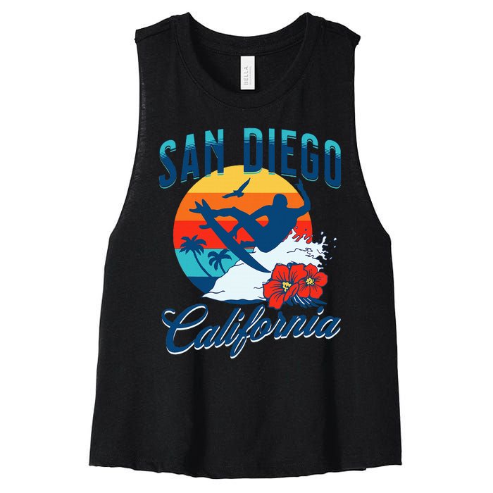 San Diego California Beach Surf Summer Vacation Vintage Women's Racerback Cropped Tank