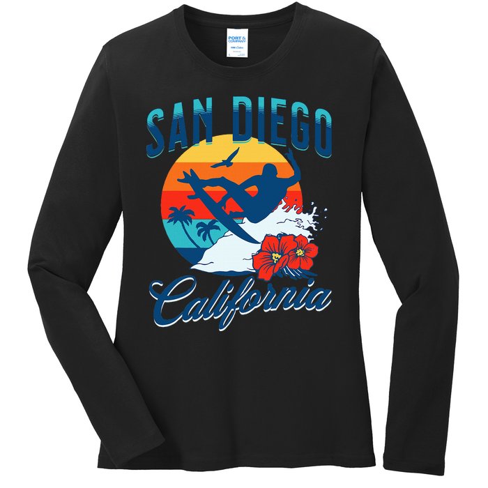 San Diego California Beach Surf Summer Vacation Vintage Ladies Long Sleeve Shirt