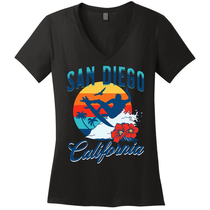 San Diego California Beach Surf Summer Vacation Vintage Women's V-Neck T-Shirt