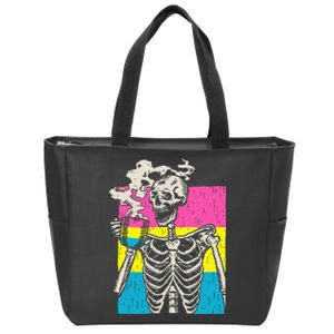 Skeleton Drinking Coffee Lgbtq Pansexual Pride Pan Flag Zip Tote Bag