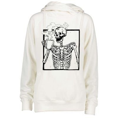 Skeleton Drinking Coffee Front Design Womens Funnel Neck Pullover Hood