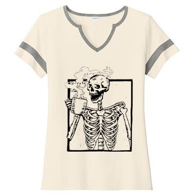 Skeleton Drinking Coffee Front Design Ladies Halftime Notch Neck Tee