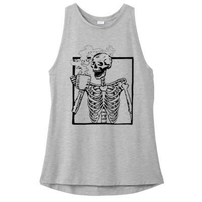 Skeleton Drinking Coffee Front Design Ladies PosiCharge Tri-Blend Wicking Tank