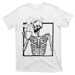 Skeleton Drinking Coffee Front Design T-Shirt