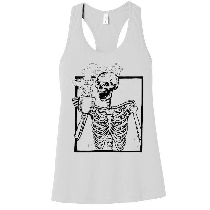 Skeleton Drinking Coffee Front Design Women's Racerback Tank