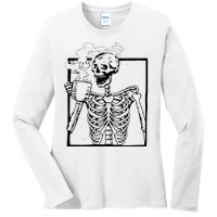 Skeleton Drinking Coffee Front Design Ladies Long Sleeve Shirt