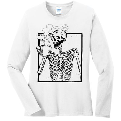 Skeleton Drinking Coffee Front Design Ladies Long Sleeve Shirt