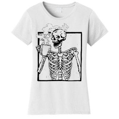 Skeleton Drinking Coffee Front Design Women's T-Shirt