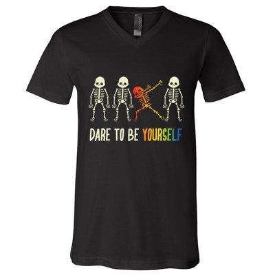 Skeleton Dabbing Cute Lgbt Pride Dare To Be Yourself V-Neck T-Shirt