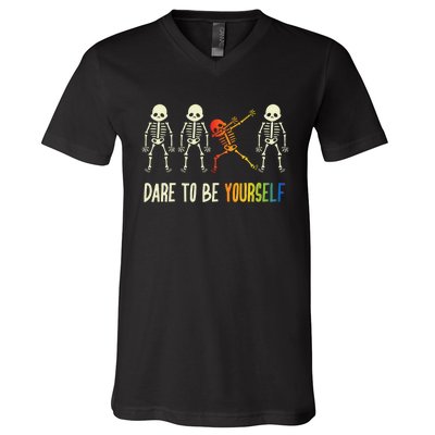 Skeleton Dabbing Cute Lgbt Pride Dare To Be Yourself V-Neck T-Shirt