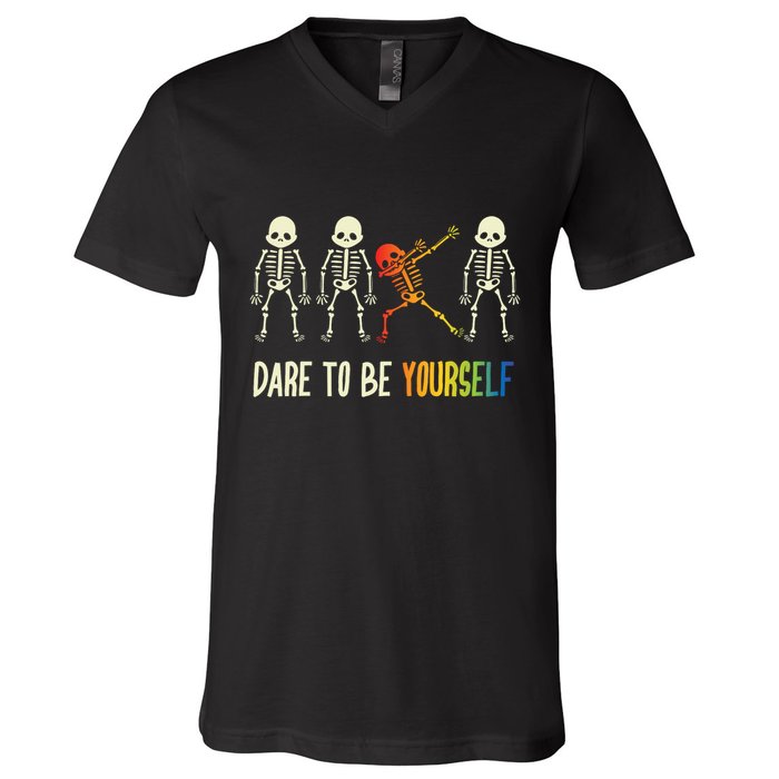 Skeleton Dabbing Cute Lgbt Pride Dare To Be Yourself V-Neck T-Shirt