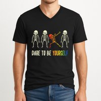 Skeleton Dabbing Cute Lgbt Pride Dare To Be Yourself V-Neck T-Shirt