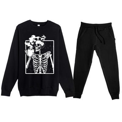 Skeleton Drinking Coffee DIY Halloween Messy Bun Wo Girl Premium Crewneck Sweatsuit Set