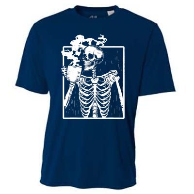 Skeleton Drinking Coffee DIY Halloween Messy Bun Wo Girl Cooling Performance Crew T-Shirt