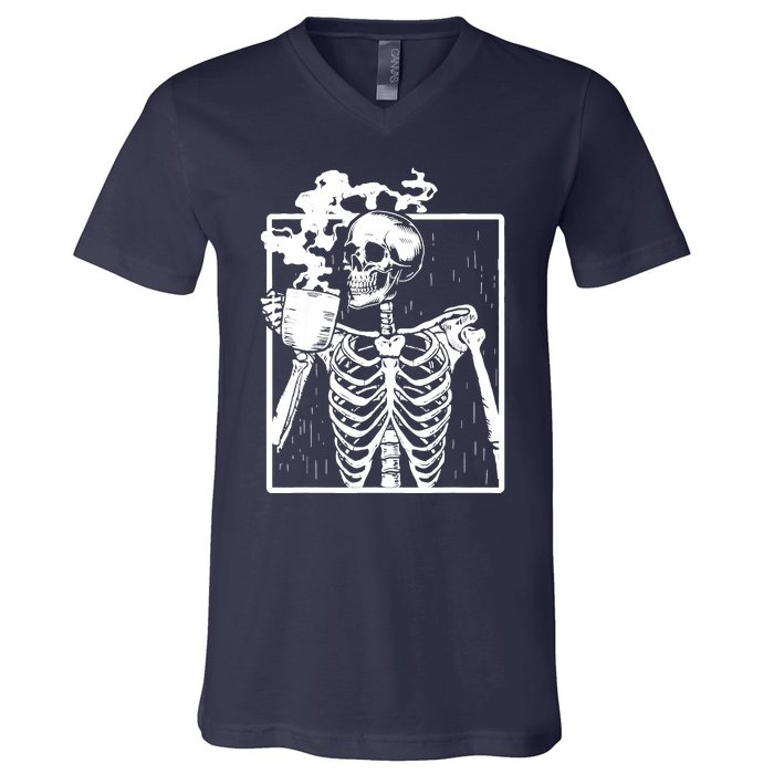 Skeleton Drinking Coffee DIY Halloween Messy Bun Wo Girl V-Neck T-Shirt