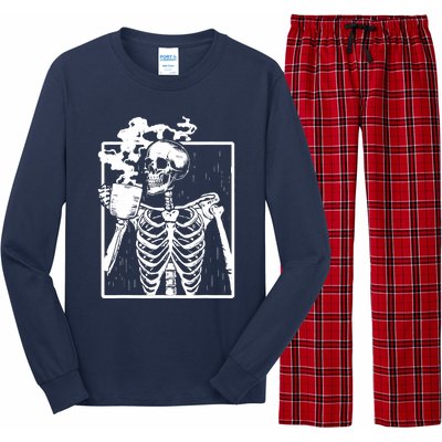 Skeleton Drinking Coffee DIY Halloween Messy Bun Wo Girl Long Sleeve Pajama Set