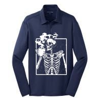 Skeleton Drinking Coffee DIY Halloween Messy Bun Wo Girl Silk Touch Performance Long Sleeve Polo