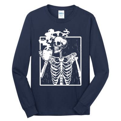 Skeleton Drinking Coffee DIY Halloween Messy Bun Wo Girl Tall Long Sleeve T-Shirt