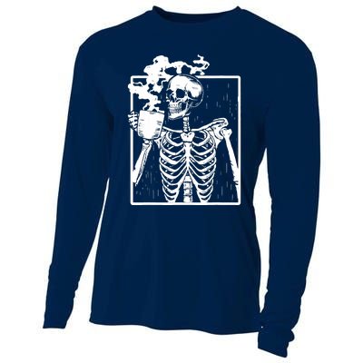 Skeleton Drinking Coffee DIY Halloween Messy Bun Wo Girl Cooling Performance Long Sleeve Crew