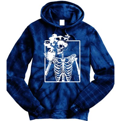 Skeleton Drinking Coffee DIY Halloween Messy Bun Wo Girl Tie Dye Hoodie