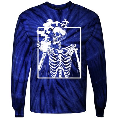 Skeleton Drinking Coffee DIY Halloween Messy Bun Wo Girl Tie-Dye Long Sleeve Shirt