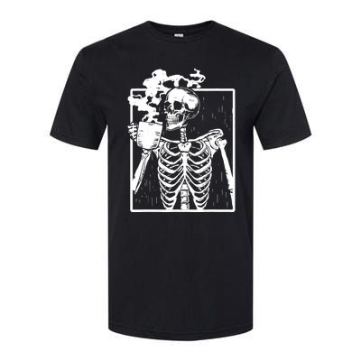 Skeleton Drinking Coffee DIY Halloween Messy Bun Wo Girl Softstyle CVC T-Shirt