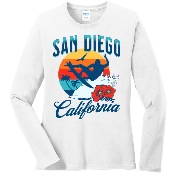 San Diego California Beach Surf Summer Vacation Vintage Ladies Long Sleeve Shirt