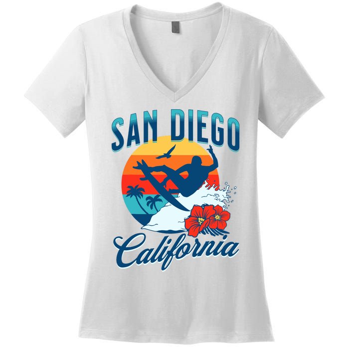 San Diego California Beach Surf Summer Vacation Vintage Women's V-Neck T-Shirt