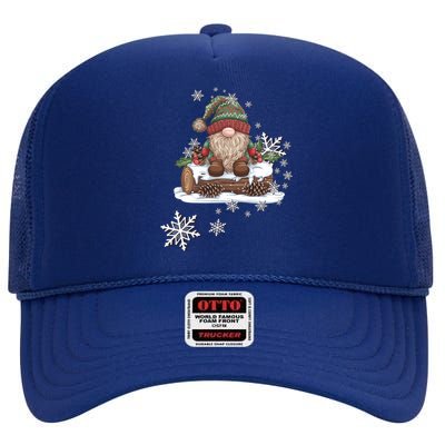 Snowflakes Design Cute Woodland Gnome Wintertime Gift High Crown Mesh Back Trucker Hat