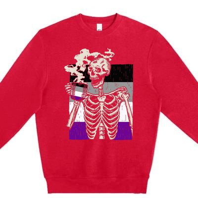 Skeleton Drinking Coffee Lgbtq Retro Asexual Pride Flag Premium Crewneck Sweatshirt