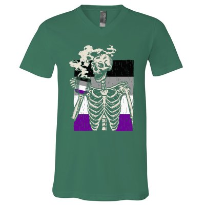 Skeleton Drinking Coffee Lgbtq Retro Asexual Pride Flag V-Neck T-Shirt