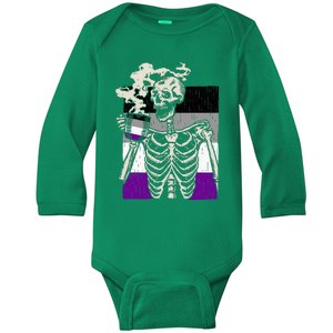 Skeleton Drinking Coffee Lgbtq Retro Asexual Pride Flag Baby Long Sleeve Bodysuit