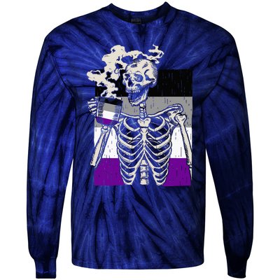 Skeleton Drinking Coffee Lgbtq Retro Asexual Pride Flag Tie-Dye Long Sleeve Shirt