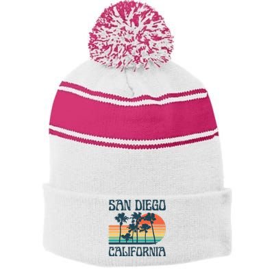 San Diego California Summer Vacation Vintage Stripe Pom Pom Beanie