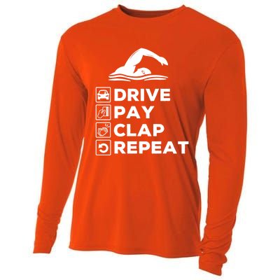 Swim Dad Drive Pay Clap Repeat Swimming Funny Gift Cooling Performance Long Sleeve Crew