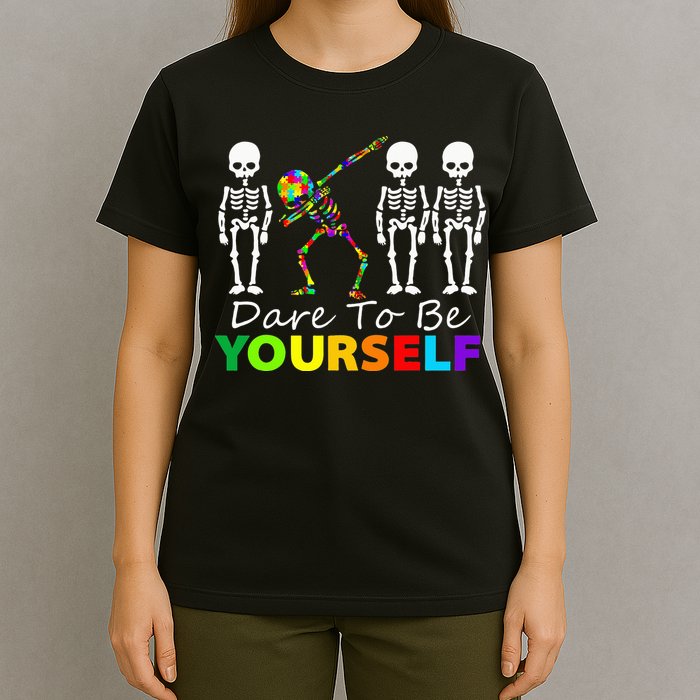 Skeleton Dabbing Dare To Be Yourself Funny Autism T-Shirt