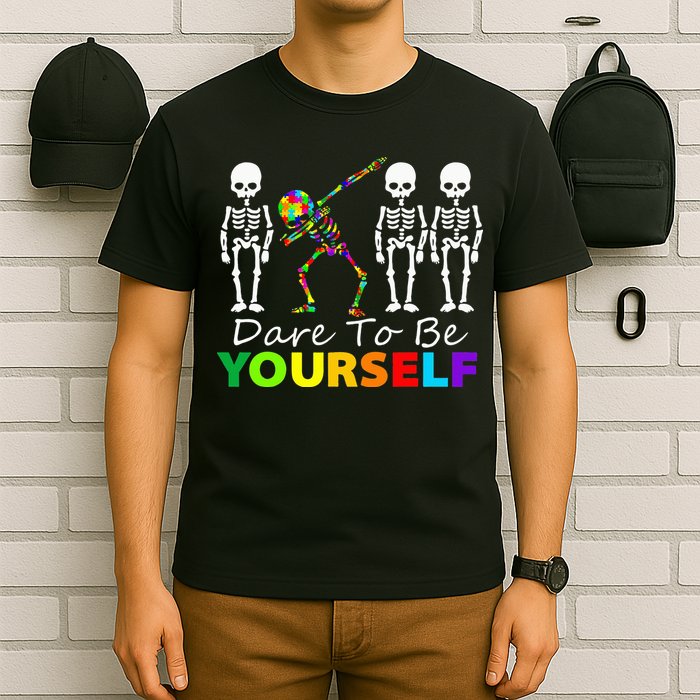 Skeleton Dabbing Dare To Be Yourself Funny Autism T-Shirt