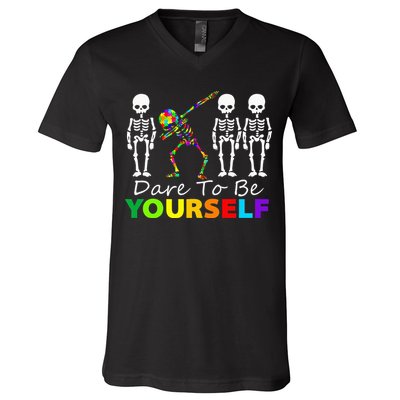 Skeleton Dabbing Dare To Be Yourself Funny Autism V-Neck T-Shirt
