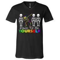 Skeleton Dabbing Dare To Be Yourself Funny Autism V-Neck T-Shirt