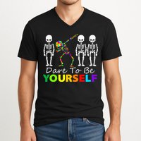 Skeleton Dabbing Dare To Be Yourself Funny Autism V-Neck T-Shirt