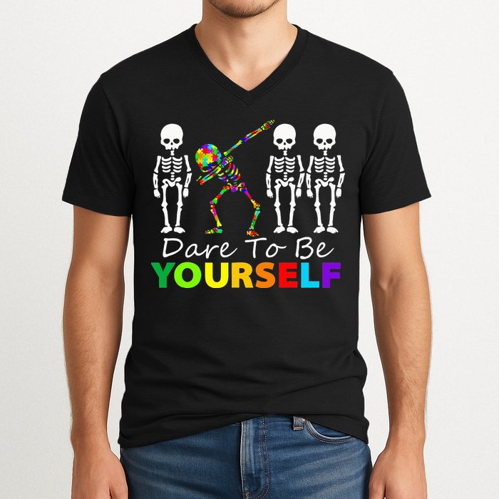 Skeleton Dabbing Dare To Be Yourself Funny Autism V-Neck T-Shirt
