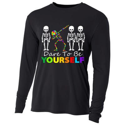 Skeleton Dabbing Dare To Be Yourself Funny Autism Cooling Performance Long Sleeve Crew