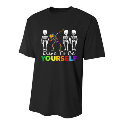 Skeleton Dabbing Dare To Be Yourself Funny Autism Youth Performance Sprint T-Shirt