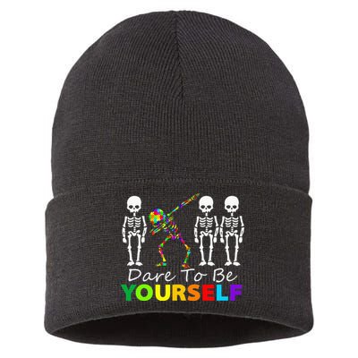 Skeleton Dabbing Dare To Be Yourself Funny Autism Sustainable Knit Beanie