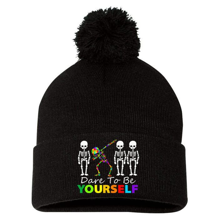 Skeleton Dabbing Dare To Be Yourself Funny Autism Pom Pom 12in Knit Beanie