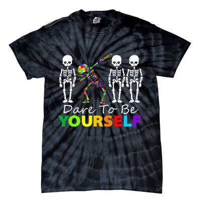 Skeleton Dabbing Dare To Be Yourself Funny Autism Tie-Dye T-Shirt