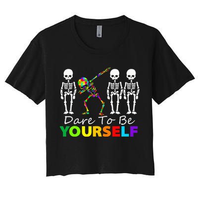 Skeleton Dabbing Dare To Be Yourself Funny Autism Crop Top