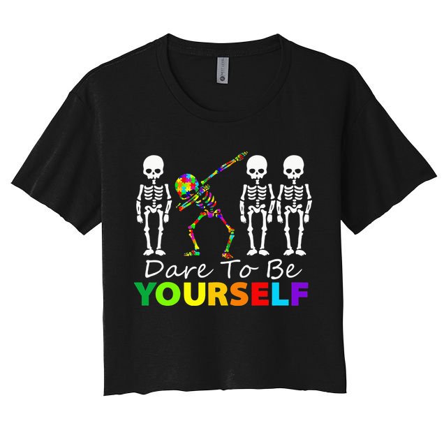 Skeleton Dabbing Dare To Be Yourself Funny Autism Crop Top