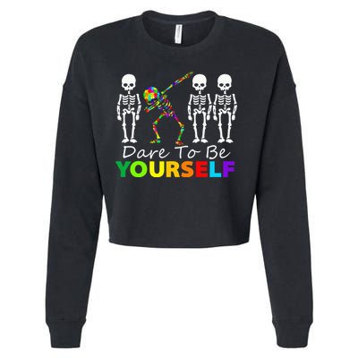 Skeleton Dabbing Dare To Be Yourself Funny Autism Cropped Pullover Crew