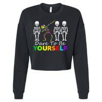 Skeleton Dabbing Dare To Be Yourself Funny Autism Cropped Pullover Crew